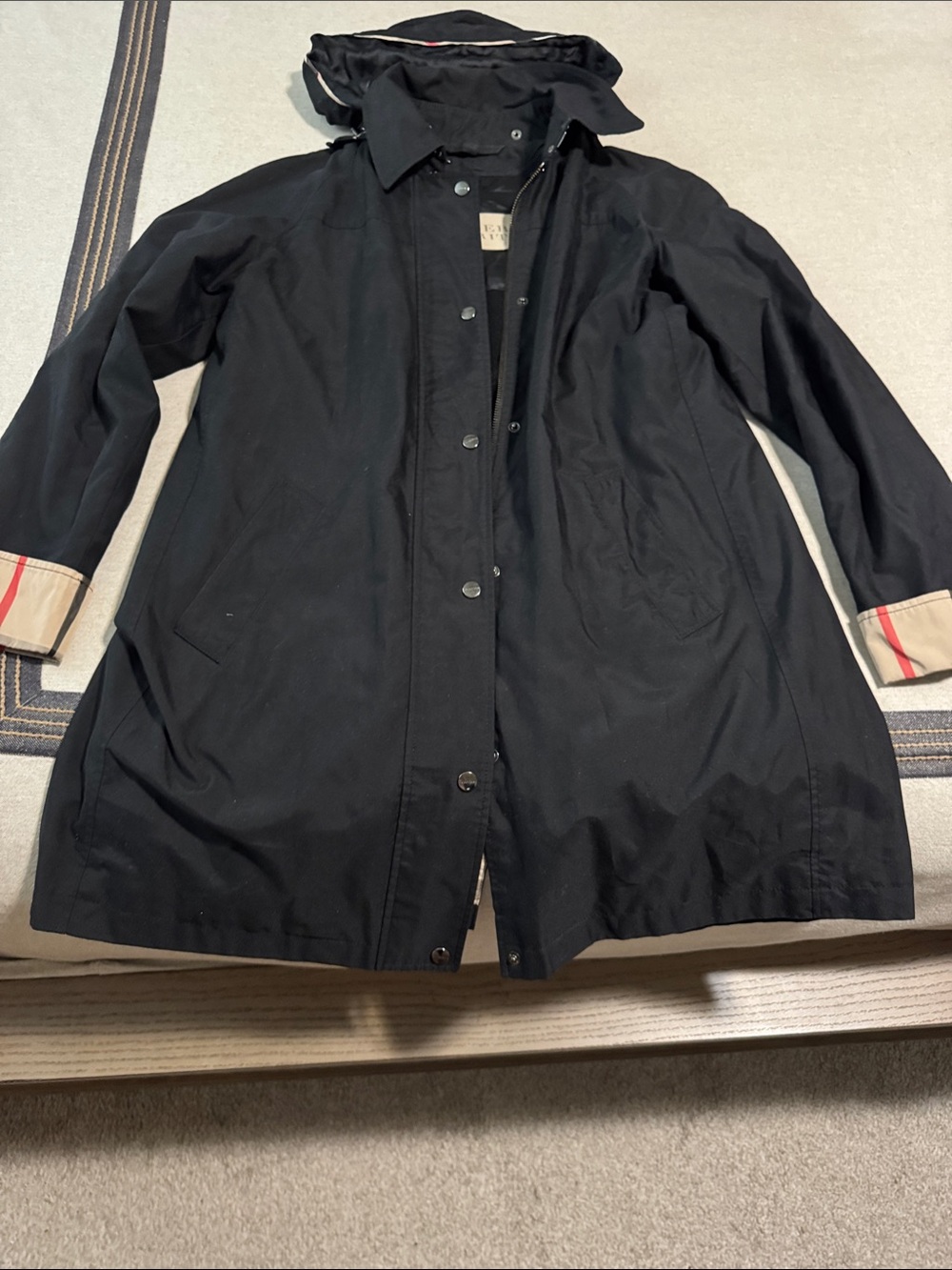 Burberry Black Trench Coat with Beige Plaid Cuff Detail
